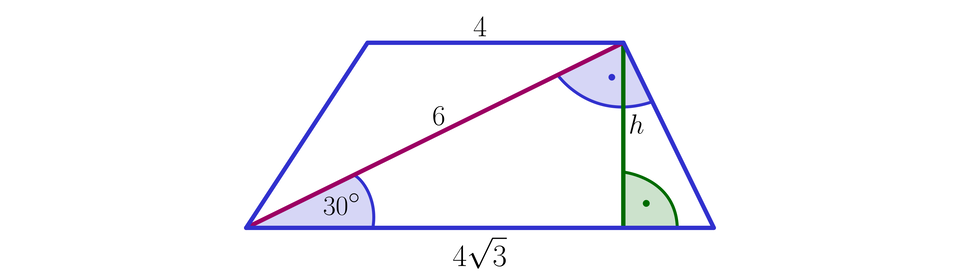 Ilustracja przedstawia trapez o podstawach 4 (górna) i 4 pierwiastki kwadratowe z 3 (dolna) oraz o przekątnej poprowadzonej z dolnego lewego wierzchołka o długości sześć, która nachylona jest do dolnej podstawy pod kątem trzydziestu stopni. Między przekątną a prawym ramieniem zaznaczono kąt prosty. Z górnego prawego wierzchołka upuszczono wysokość h.