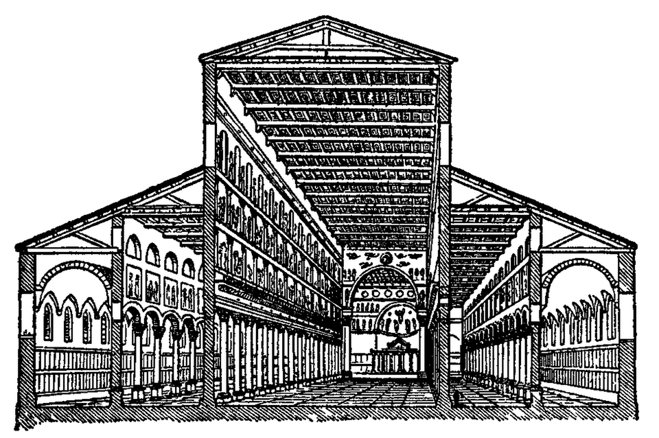 Czarno‑biały rysunek przekrojowy wczesnochrześcijańskiej bazyliki: widok wnętrza z długą nawą główną, rzędami kolumn oddzielających nawy boczne, drewnianym stropem oraz półkolistą absydą na końcu, w której znajduje się ołtarz.