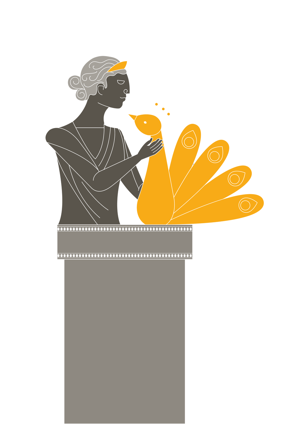 Rysunek przedstawia boginię Herę, widoczna jest górna połowa postaci, ulokowana na postumencie. Obok Hery znajduje żółty paw, którego bogini głaszcze prawą dłonią.