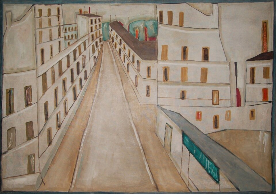 Ilustracja przedstawia obraz Jerzego Nowosielskiego „Pejzaż łódzki”. Jest to pejzaż architektoniczny, ukazujący widok na ulicę wzdłuż której usytuowane są wysokie budynki mieszkalne. Po lewej stronie znajduje się długi rząd budynków dwu i trzypiętrowych, a po prawej jednopiętrowych.  Przed budynkami po prawej stronie usytuowana jest zabudowa z dziedzińcem, zza której wyłania się kamienica. Wszystkie budynki są jasne z oknami namalowanymi w kolorach: czarnym, żółtym, czerwonym oraz zielonym. We wszystkich elementach architektonicznych i ulicy autor zastosował ciemny kontur. 