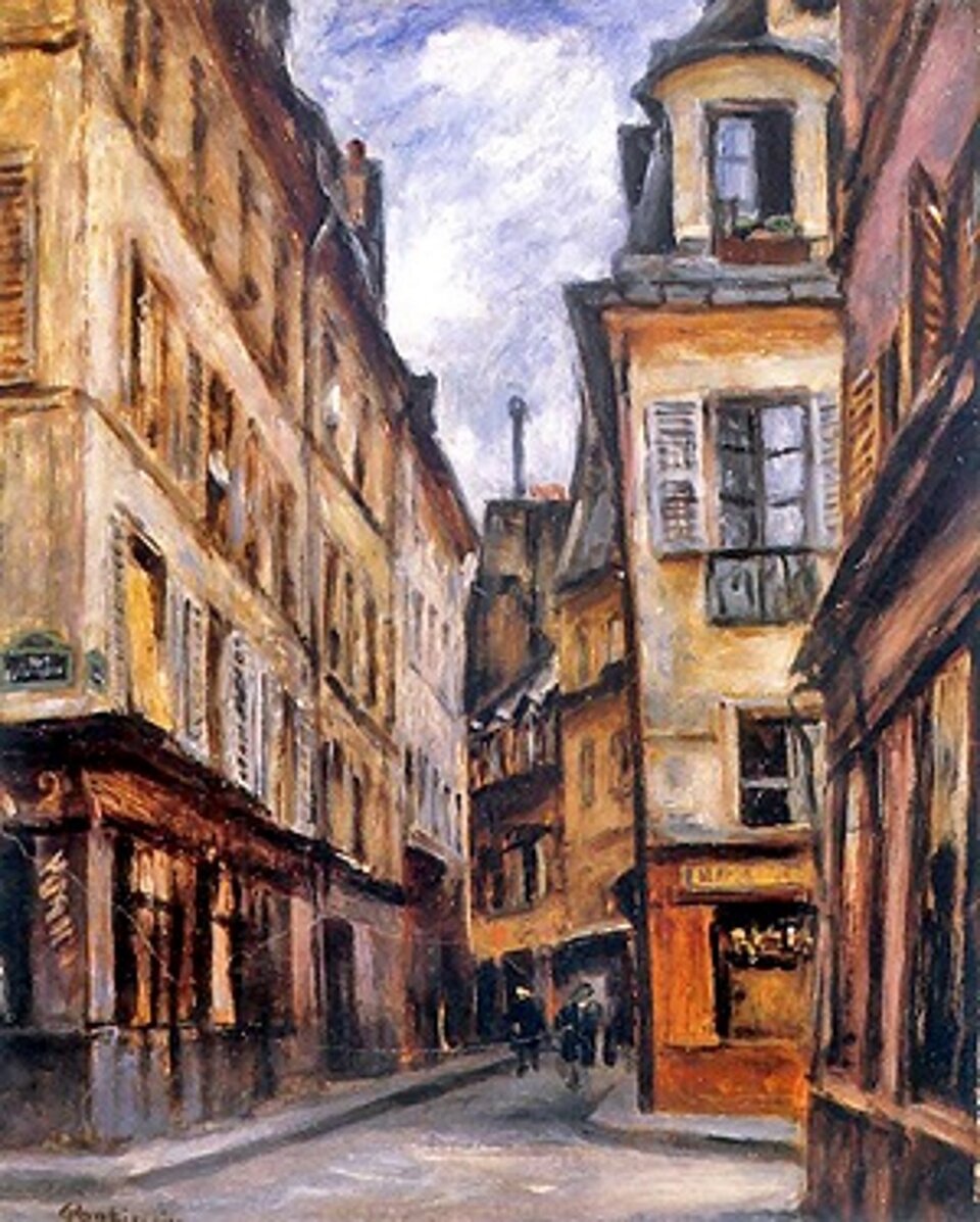 Ilustracja przedstawia obraz Józefa Pankiewicza pt. „Rue Cardinale”. Na obrazie znajduje się Rue Cardinale, czyli ulica w Paryżu we Francji. Uliczką między budynkami spacerują przechodnie.