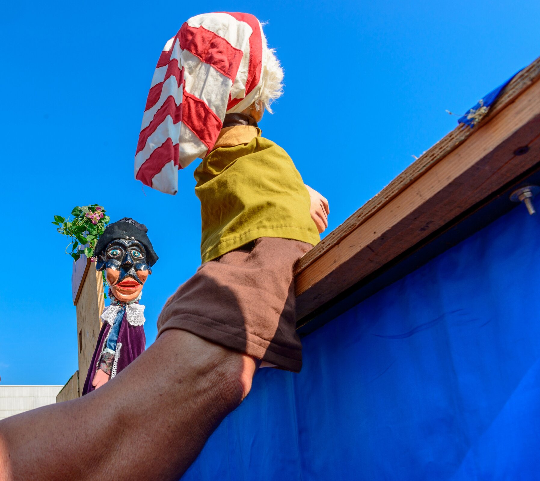 Ilustracja przedstawia lalkarza animującego pacynkę w trakcie trwającego przedstawienia. Fotografia została wykonana zza kulis. Mężczyzna na ręce ma nałożoną lalkę ubraną w pasiastą czapkę. W tle widoczna jest marionetka w niebieskiej masce i fioletowej pelerynie.