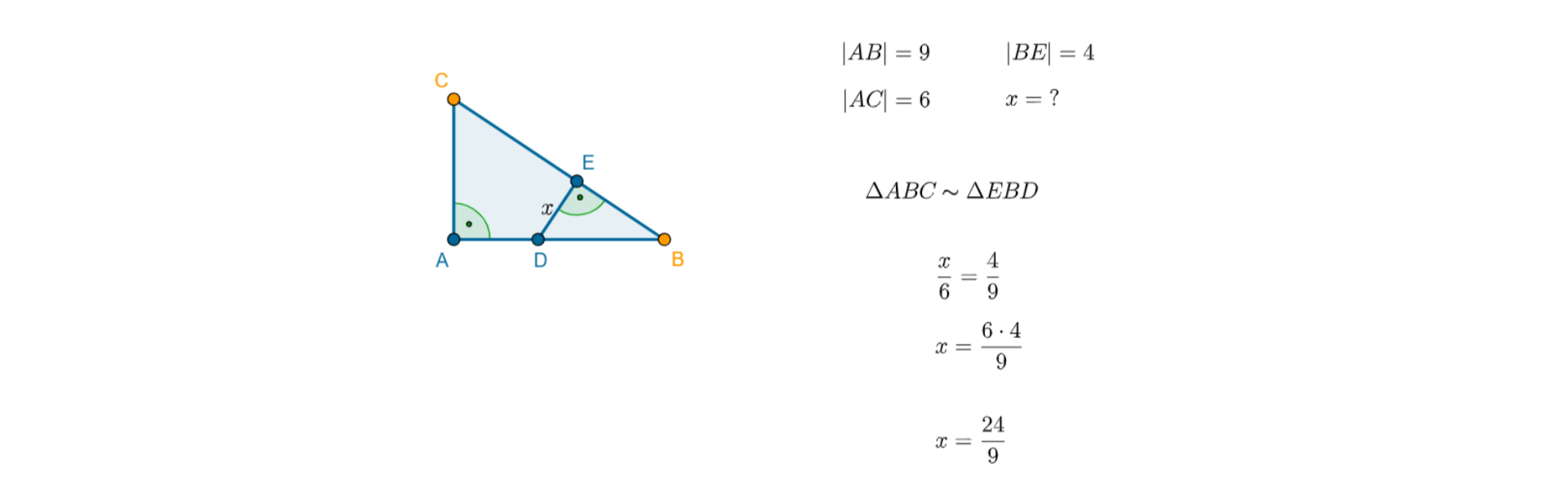 Na rysunku przedstawiony jest trójkąt prostokątny ABC oraz trójkąt prostokątny DBE. Wierzchołkami kątów prostych są punkty A oraz E. Punkt E leży na boku BC, a punkt D na boku AB. Trójkąty ABC i DBE są trójkątami podobnymi. Odcinek DE oznaczony jest literą x. Z prawej strony rysunku zapisane są następujące zależności: długość odcinka AB równa się dziewięć, długość odcinka AC równa się sześć, długość odcinka BE równa się cztery oraz długość x równa się znak zapytania. Po prawej stronie znajduje się rozwiązanie : trójkąt ABC jest podobny do trójkąta EBD, poniżej są obliczenia, ułamek w liczniku x, w mianowniku sześć równa się, ułamek w liczniku cztery, w mianowniku dziewięć. W następnym wierszu x równa się ułamek, w liczniku sześć pomnożone przez cztery, w mianowniku dziewięć. Ostatni wiersz x równa się ułamek w liczniku dwadzieścia cztery, w mianowniku dziewięć.