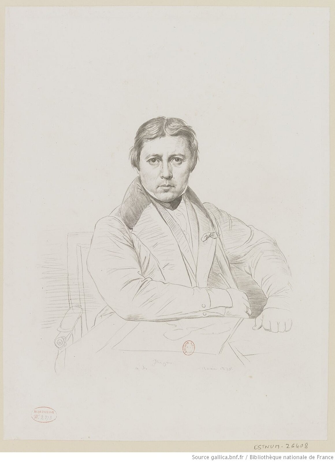 Ilustracja przedstawia kopię autoportretu Luigi Calamatta, Ingres. Kopia wykonana jest cienka kreską na jasnym tle. Mężczyzna w średnim wieku siedzi na fotelu. Włosy zaczesane ma z przedziałkiem na środku głowy. Patrzy na widza. Ubrany jest w płaszcz.