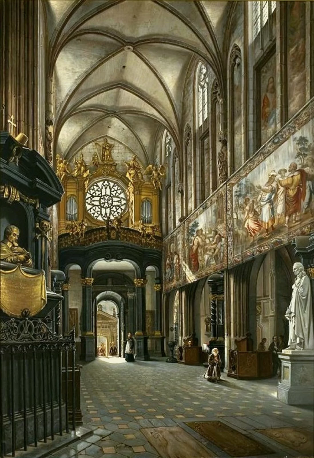Obraz przedstawiający wnętrze Katedry Wawelskiej ok. 1880. Świątynia jest bogato zdobiona, na ścianach znajdują się obrazy ze scenami z biblii. W centrum grafiki widoczne jest wejście, nad którym góruje witraż. Z lewej i prawej strony widoczne są posągi mężczyzn.