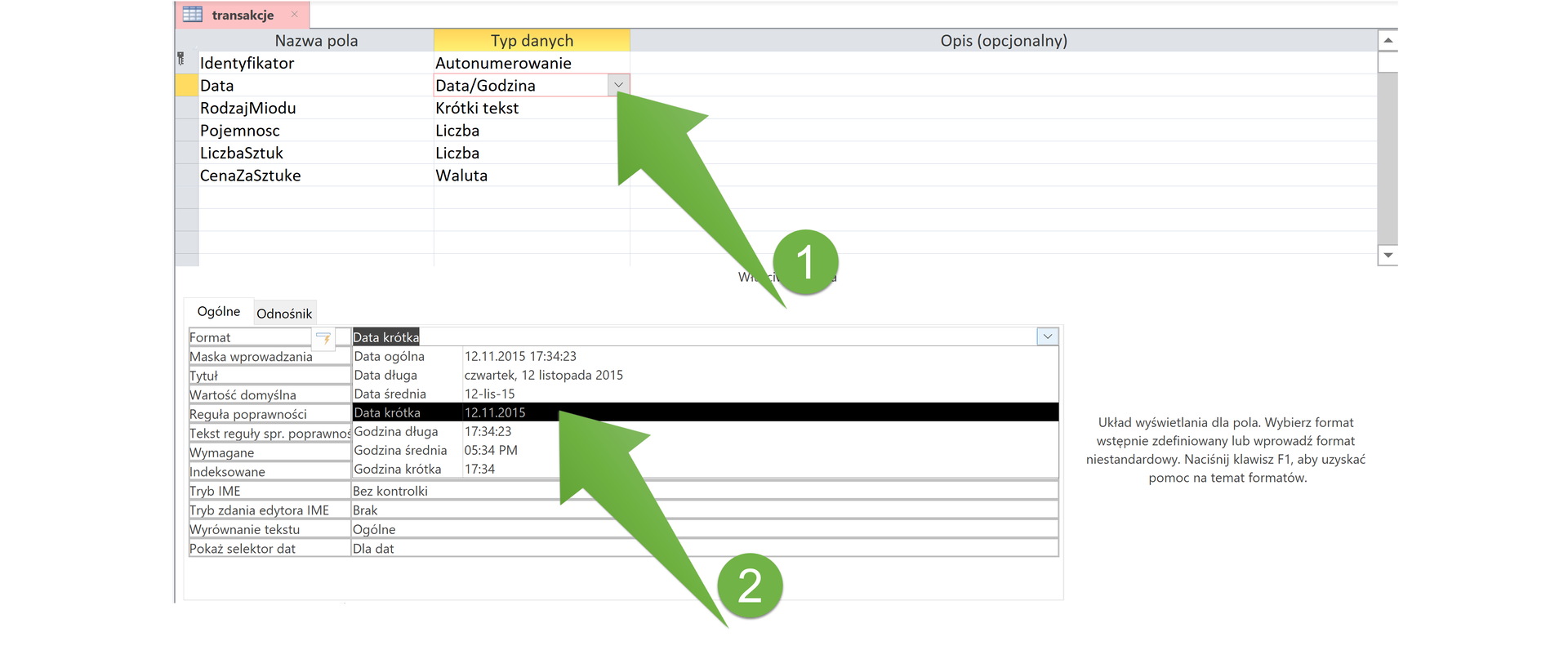 Zrzut ekranu przedstawia arkusz zatytułowany „transakcje”. Od góry mamy dwie kolumny: „Nazwa pola” i „Typ danych” i w takiej kolejności przybliżymy wpisane dane. Od góry wpisano w kolejne wiersze: 1. Identyfikator – Autonumerowanie, 2. Data – Data/Godzina (to lista rozwijana, tu wskazuje strzałka pierwsza), 3. RodzajMiodu – Krótki tekst, 4. Pojemnosc – Liczba, 5. LiczbaSztuk – Liczba, 6. CenaZaSztuke – Waluta. Poniżej znajdują dwie zakładki: „Ogólne” (otwarta) i „Odnośnik”. W zakładce „Ogólne” znajduje się tabela z parametrami. Jedna z komórek określona jako „Format” rozwija się w listę, z której wybrano „Data krótka 12.11.2015”. Tu wskazuje druga strzałka.