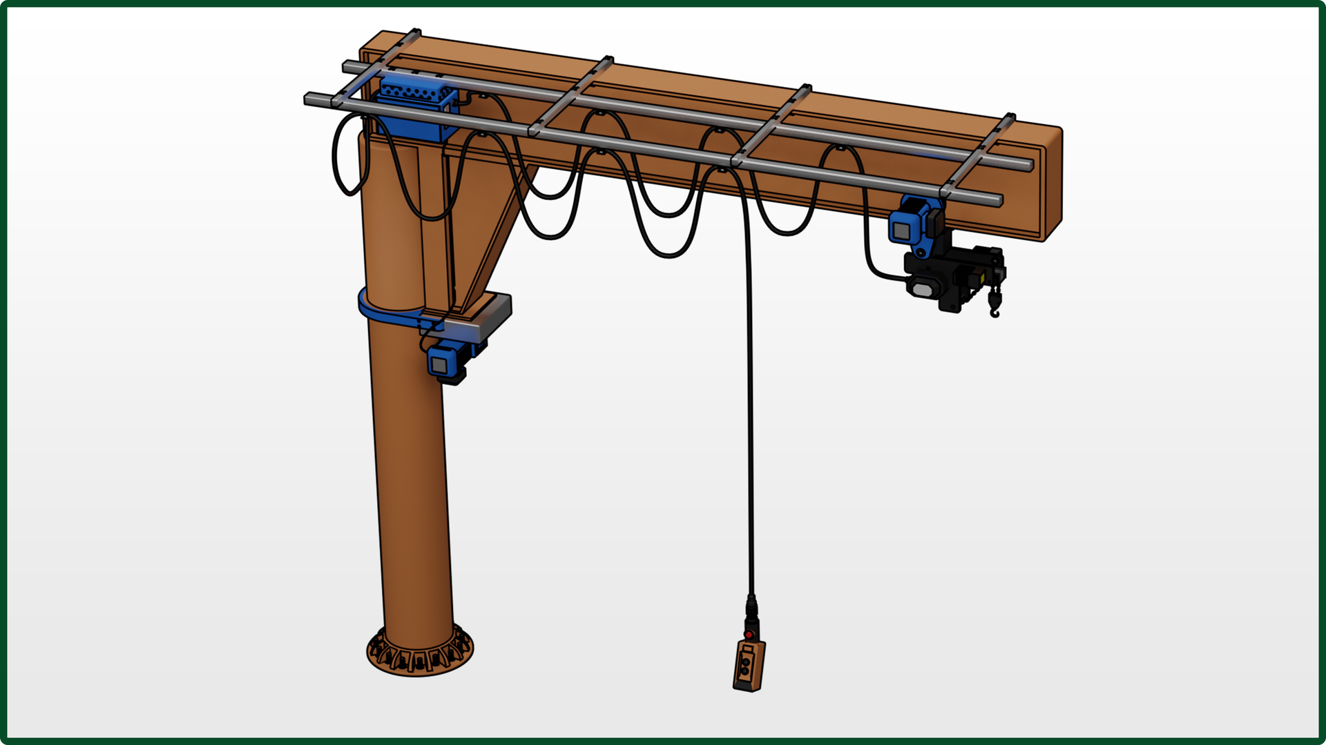 Grafika przedstawia dźwignicę. Składa się ona z pionowego filaru na szczycie którego znajduje się pozioma belka. Na belce zawieszone są kable oraz urządzenie do podnoszenia z hakiem. Na kablu wisi pilot do sterowania dźwignicą.