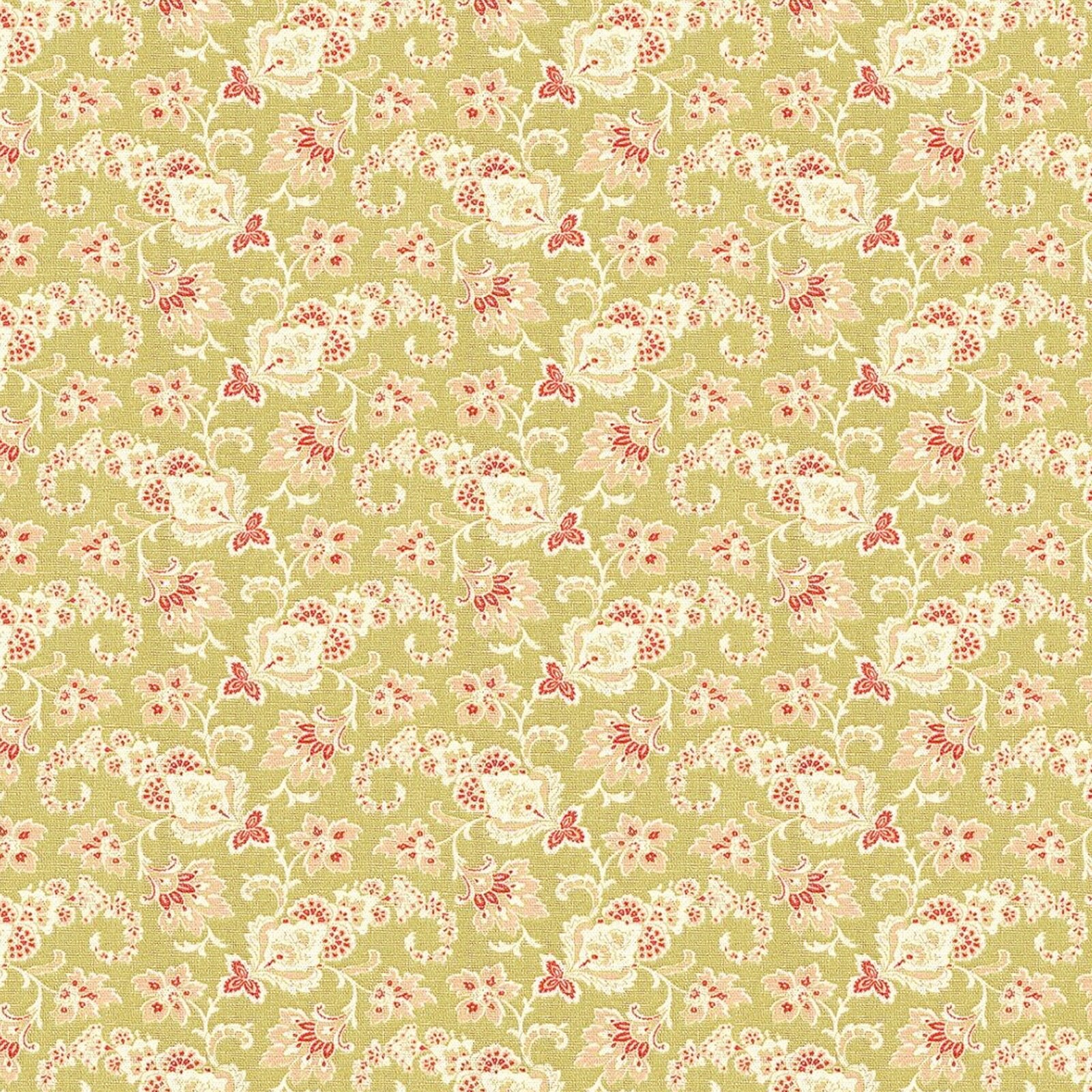 Grafika przedstawia fragment zielonej tkaniny o regularnym kwiatowym wzorze. Wzór jest w kolorze beżowym i różowym. 