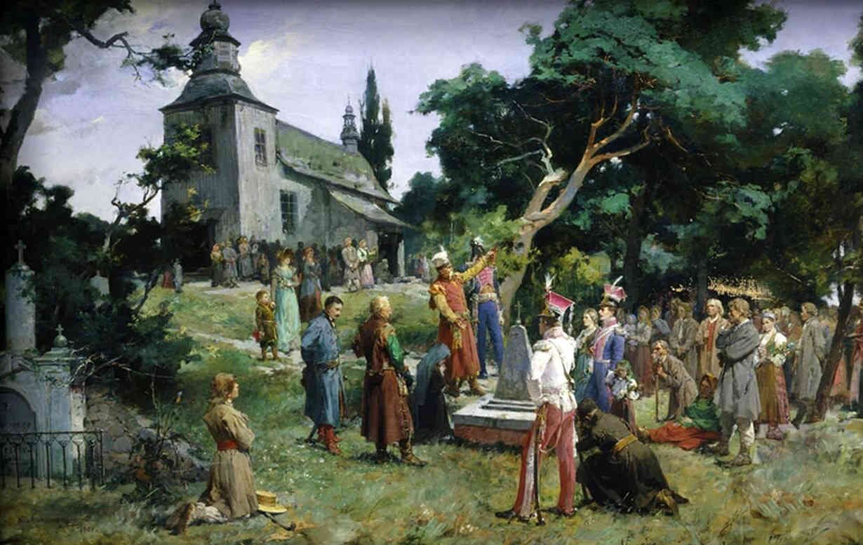 Obraz przedstawia okolicę niewielkiego, murowanego kościoła. Są tu licznie zgromadzeni ludzie. Słuchają i przyglądają się starszemu mężczyźnie w kontuszu, który przemawia.