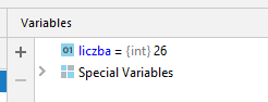 Ilustracja przedstawia podgląd w oknie debuggera, w którym znajduje się: liczba = int 26.