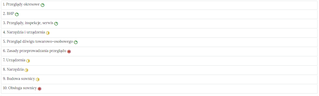 Ilustracja przedstawia przykładowy wygląd zakładek zawierających interaktywne materiały sprawdzające. Jest to rząd umieszczonych pod sobą ćwiczeń wraz z ich tytułami. Każde ćwiczenie, po prawej stronie od tytułu, posiada znaczek określający poziom trudności. Pierwsze ćwiczenie ma znacznik zielony, oznacza to poziom łatwy. Drugie żółty, oznaczający ćwiczenie o średnim stopniu trudności. Przy trzecim ćwiczeniu znajduje się czerwony symbol, sygnalizujący, że jest to ćwiczenie trudne