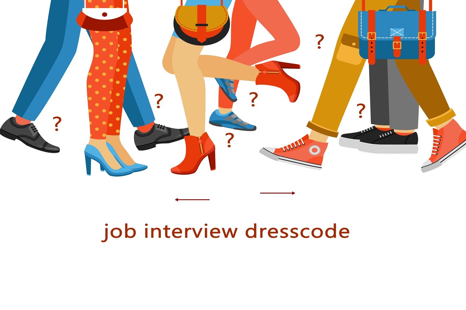 Ilustracja przedstawia nogi sześciu osób. Widoczne są nogi w trampkach, eleganckich męskich pantoflach oraz nogi w butach na obcasach. Dwie pary nóg mają leginsy, jedna cienkie rajstopy a pozostałe spodnie w różnych kolorach. Między nimi rozrzucono znaki zapytania a na dole obrazka widnieje napis w języku angielskimJOB INTERVIEW DRESSCODE.