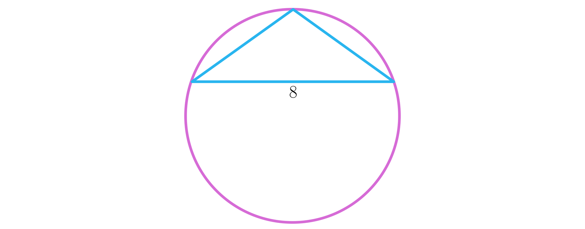 Ilustracja przedstawia trójkąt równoramienny wpisany w okrąg, najdłuższy poziomy bok ma długość osiem.