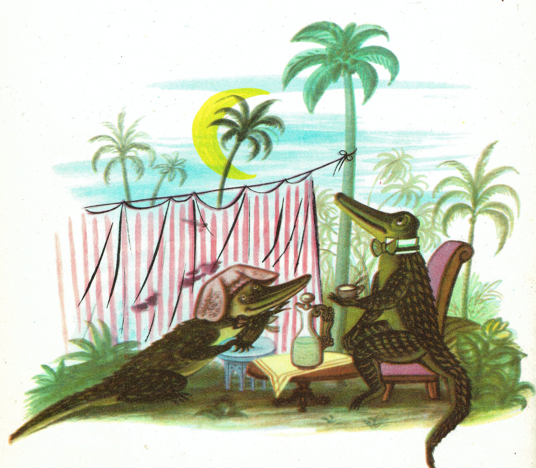 Ilustracja przedstawia grafikę z książki dla dzieci Juliana Tuwima "Wiersze dla dzieci", ukazująca piknik dwóch krokodyli. Jeden z nich siedzi na leżaku. W tle widoczne jest słońce oraz palmy. Na jednej z palm zawieszona jest linka z biało-czerwonym materiałem.