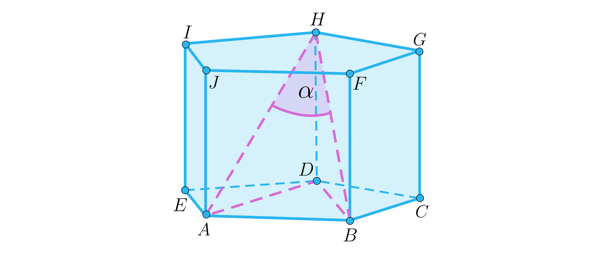 Ilustracja przedstawia graniastosłup A B C D E F G H I J o podstawie pięciokąta. Zaznaczono na nim dwie przekątne graniastosłupa A H oraz B H tworzą one ze sobą kąt alfa. Zaznaczono również przekątne podstawy AD oraz BD. 