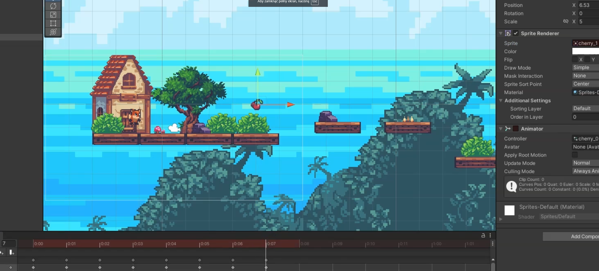 Ilustracja przedstawia grę platformową w programie Unity. Widoczne jest ustawianie obiektu wisienki 