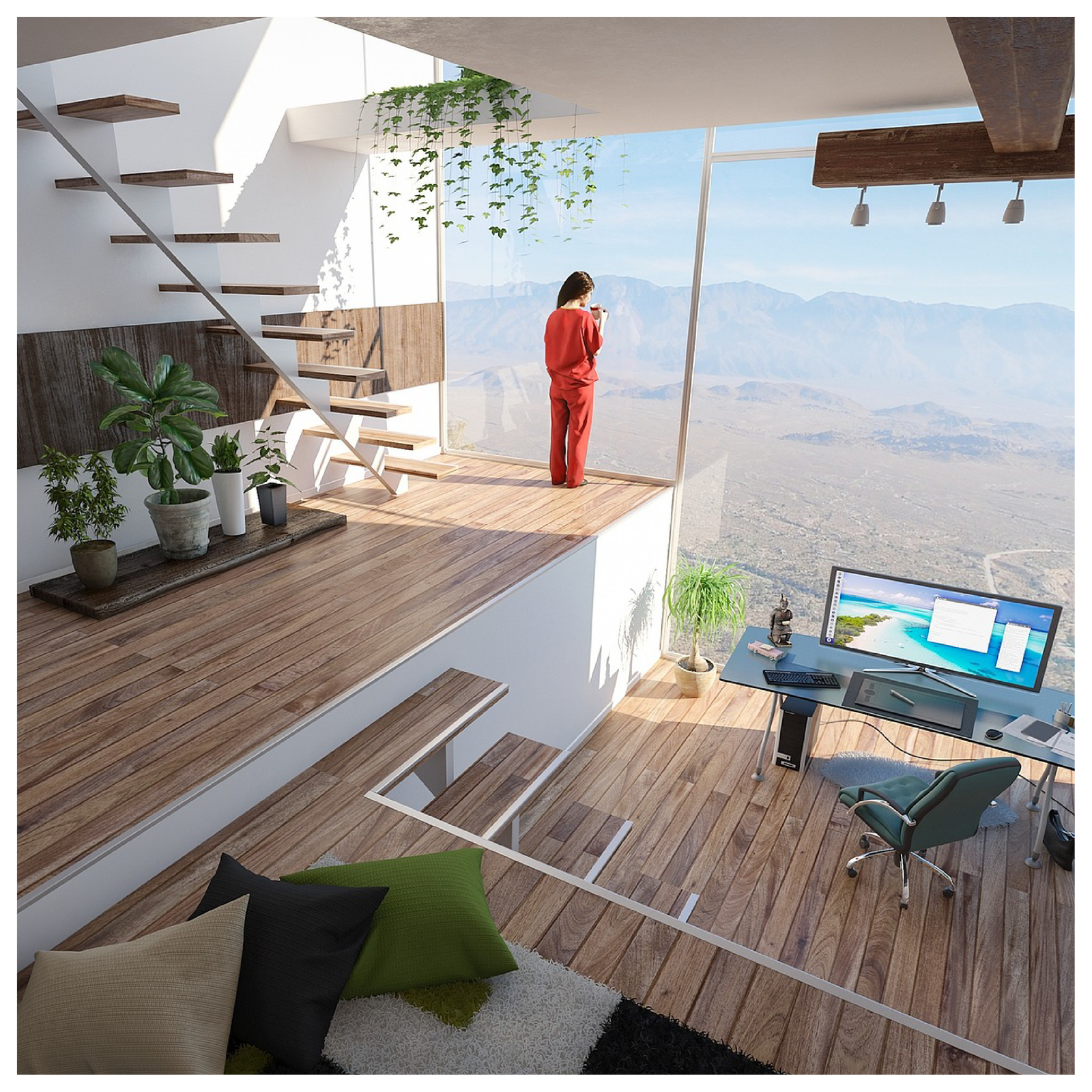 Na zdjęciu widoczne jest wnętrze nowoczesnego, przestronnego, dużego mieszkania. Pomieszczenie jest bardzo dobrze oświetlone, ma ogromne okna przez które spogląda kobieta ubrana w pomarańczowy dres.  