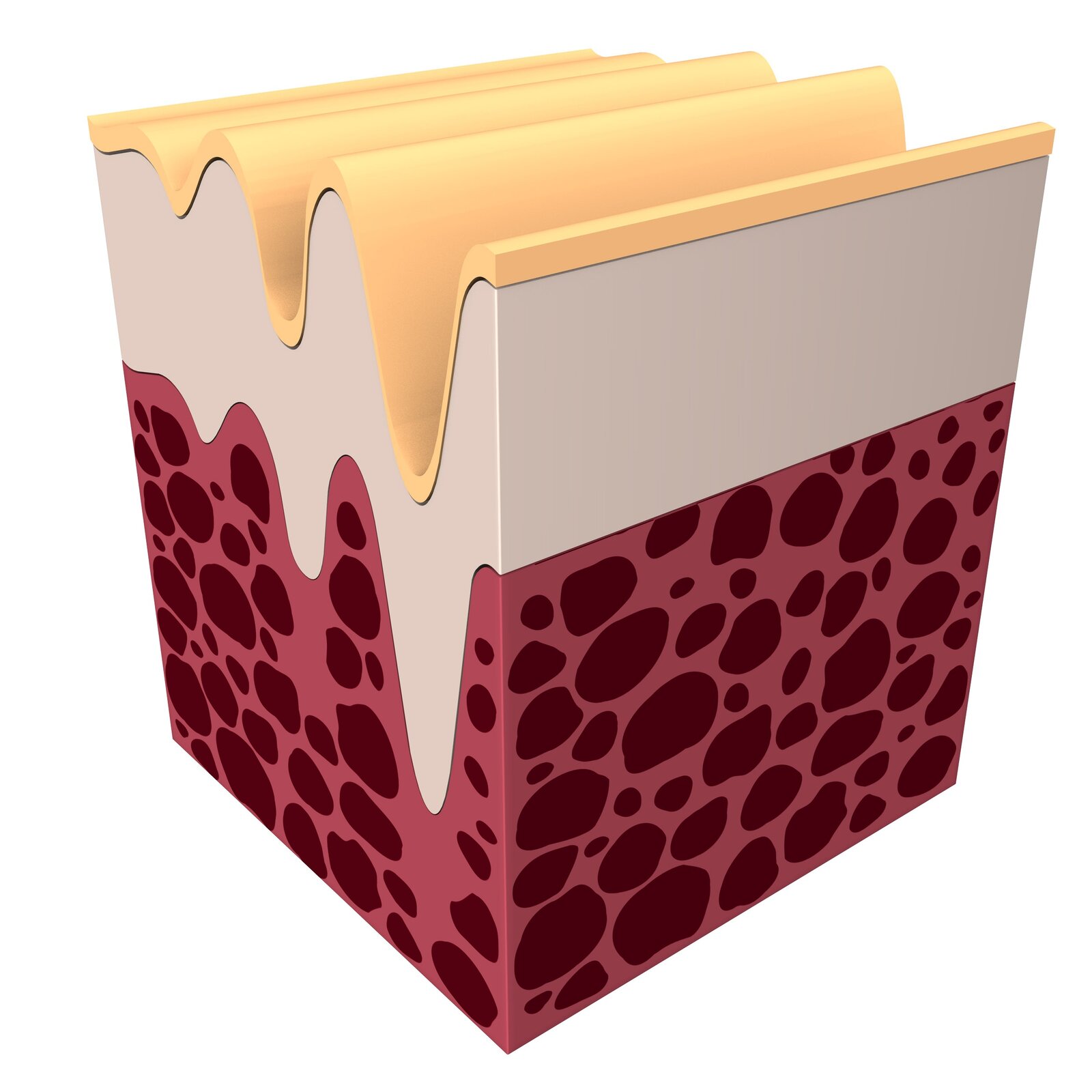 Na zdjęciu bryła przypominająca sześcian. Widoczne są trzy warstwy. Najniższa jest czerwona w ciemniejsze plamy przypominające cętki. Kolejna kremowa. Ostatnia warstwa stanowi najcieńszą, przypomina polewę, spływa falami na bryłę i jest w kolorze żółtym.