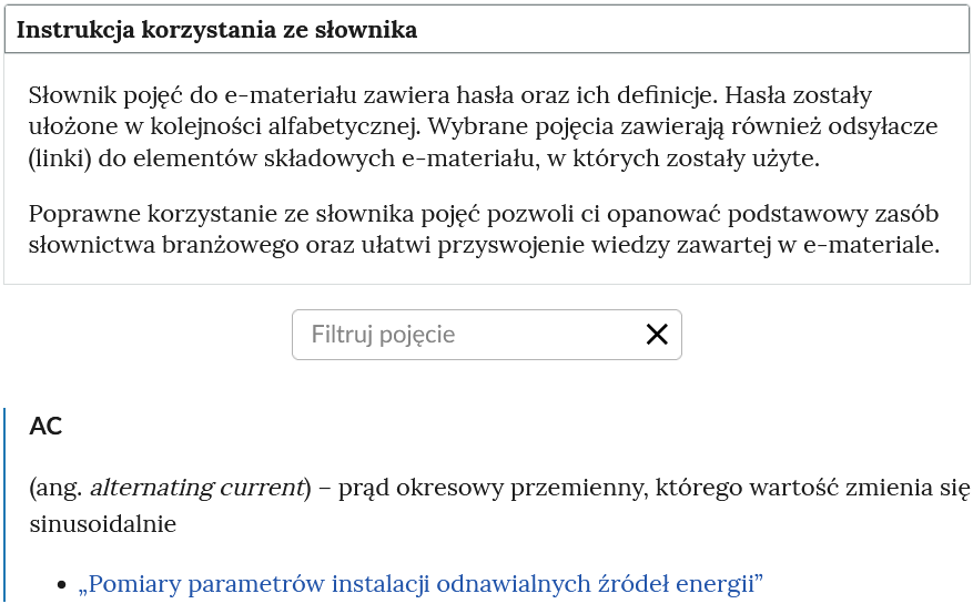 Ilustracja przedstawia widok na górną część słownika. Na górze znajduje się panel z instrukcją. Poniżej pole do filtrowania haseł. Niżej jest hasło wraz z definicją.