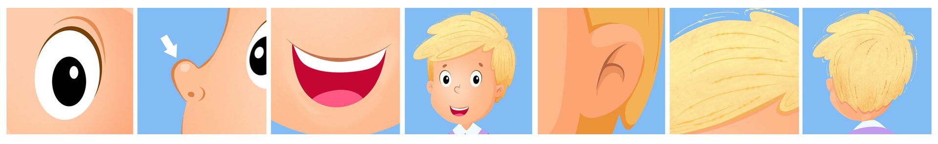 Ilustracje przedstawiają części ciała chłopca opisane w ćwiczeniu