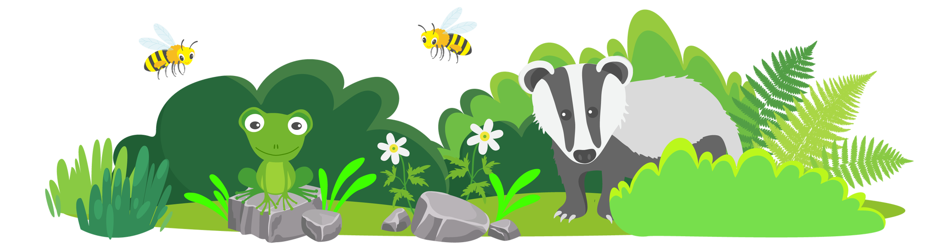 Ilustracja przedstawia teren porośnięty zielenią. Dookoła widać krzewy, kępki wysokiej trawy i paprocie. Na pierwszym planie, na środku ilustracji, leży kilka szarych kamieni. Na jednym z nich siedzi zielona żaba, a przy drugim rosną dwa białe kwiaty. Nad żabą latają dwie pszczoły. Po prawej stronie, między krzewami, stoi biało‑szaro‑czarny borsuk.