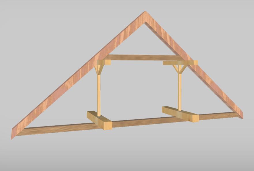 Grafika przedstawia wiązary z jętką podpartą. Widoczny jest trójkąt w ujęciu z ukosa, którego boki są zrobione z belek drewnianych. Poniżej wierzchołka trójkąta, widoczna jest poprzeczna belka. Na jej końcach, tuż przy bokach trójkąta, widoczne są poziome belki (płatew), które stoją na pionowej belce (słup). Słupy wsparte są na poziomej belce, równoległej do płatwy. 

Opisy obiektów prezentowanych na grafikach są załączone w treści słownika.