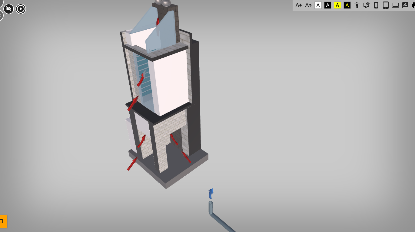 Ilustracja przedstawia widok wizualizacji trzy de komina słonecznego. U góry po lewej stronie znajdują się ikonki funkcyjne.