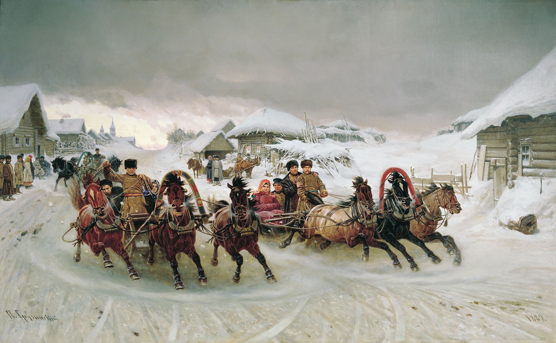 Ilustracja przedstawia zimowy krajobraz wsi. Dzieło ukazuje wyścigi zaprzęgów konnych podczas święta Maslenica. Tło stanowią wiejskie chałupy z zaśnieżonymi dachami.