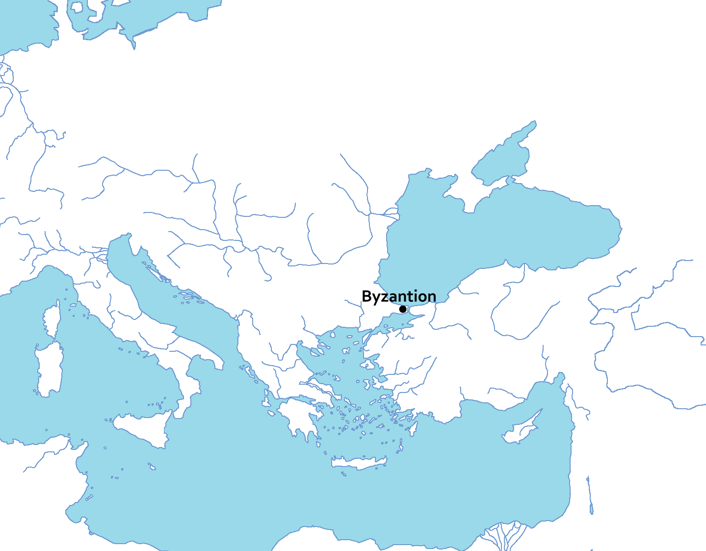 Mapa przedstawiająca umiejscowienie miasta Byzantion. Było ono położone nad cieśniną Bosfor, łączącą morze Marmara z Morzem Czarnym, nad zatoką Złoty Róg. 