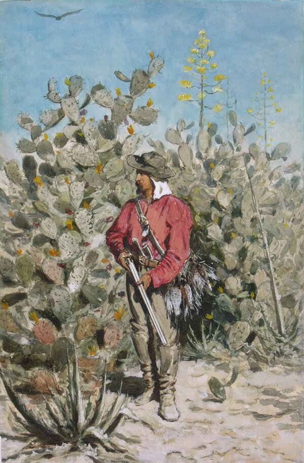 Obraz przedstawia mężczyznę w sile wieku stojącego wśród wysokich kaktusów. Postać ukazuje lewy półprofil. Mężczyzna ma szczupłą twarz, długi i wąski nos, wąsy oraz brodę hiszpankę. Na głowie ma kapelusz z osłoną na kark. Jest ubrany w koszulę, spodnie i wysokie buty. Za pasem spodni ma dwa noże. Przez jego lewe ramię przewieszony jest skórzany pas. Umocowane są do niego upolowane ptaki. Trzyma strzelbę oburącz. Nad jego głową frunie ptak.