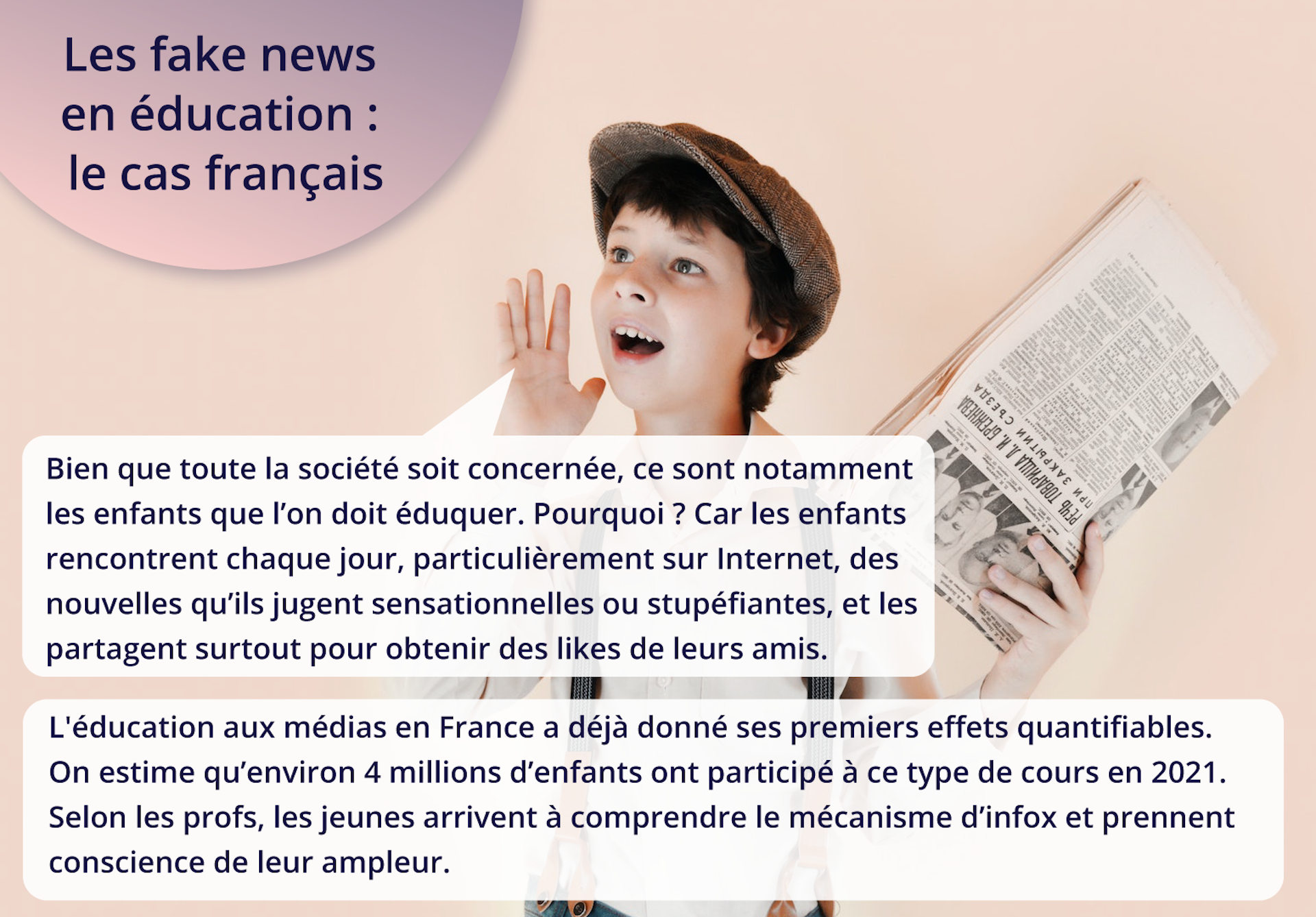 Ilustracja przedstawia kilkuletniego chłopca trzymającego gazetę. Chłopiec ma otwarte usta. Chłopiec ma na głowie czapkę typu kaszkiet. Tekst: Les fake news en éducation: le cas français. Bien que toute la société soit concernée, ce sont notamment les enfants que l'on doit éduquer. Pourquoi ? Car les enfants rencontrent chaque jour, particulièrement sur Internet, des nouvelles qu'ils jugent sensationnelles ou stupéfiantes, et les partagent surtout pour obtenir des likes de leurs amis. L'éducation aux médias en France a déjà donné ses premiers effets quantifiables. On estime qu'environ 4 millions d'enfants ont participé à ce type de cours en 2021. Selon les profs, les jeunes arrivent à comprendre le mécanisme d'infox et prennent conscience de leur ampleur.