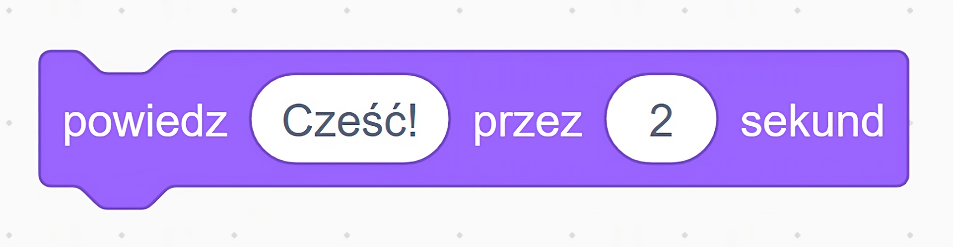 Klocek Scratch z kategorii Wygląd z tekstem "powiedz Cześć! przez 2 sekundy".