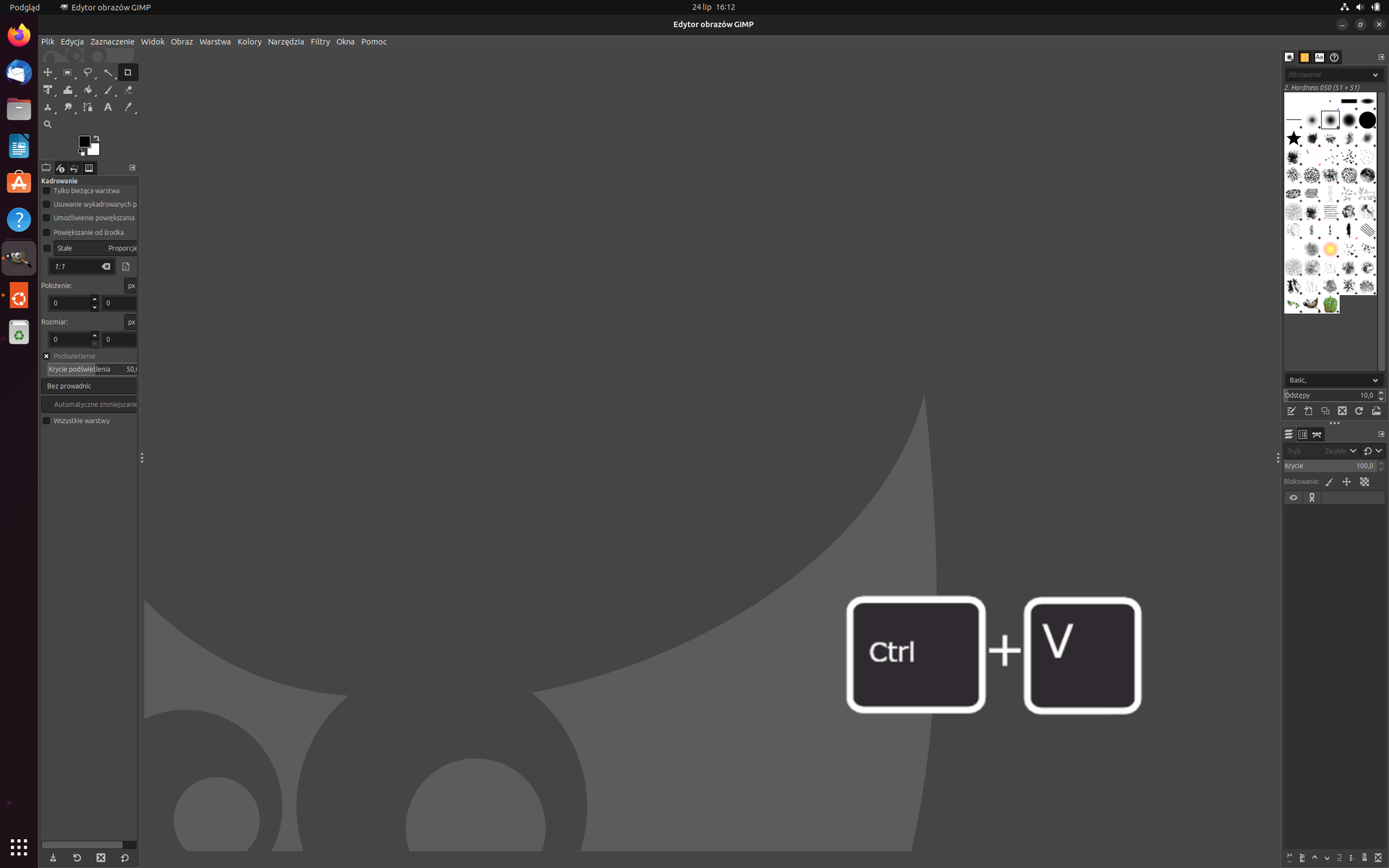 Ilustracja przedstawia okno programu edytora obrazów GIMP. W dolnej części umieszczono grafikę przedstawiającą kombinację klawiszy Ctrl oraz V.