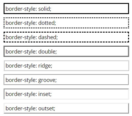 Ilustracja przedstawia obramowania dla różnych stylów tabeli.  1: border‑style: solid; Obramowanie jest stałe z czarnych prostych, 2: Border‑style: dotted; Obramowanie zbudowane jest z rzędów kropek w liniach prostych.  3: Border‑style: dashed; Obramowanie zbudowane jest z krótkich prostych w jednej linii.  4: Border‑style: double; Obramowanie zbudowane jest z dwóch cienkich linii. 5: Border‑style: ridge; Obramowanie zbudowane jest z dwóch jasnych linii. 6: Border‑style: groove; Obramowanie zbudowane jest z szarej linii.  7: Border‑style: inset; Obramowanie zbudowane jest z lekko pogrubionej linii, lewy i górny bok obramowania ma kolor szary, a dolny i prawy bok jasny szary.   8: Border‑style: outset; Obramowanie zbudowane jest z lekko pogrubionej linii, lewy i górny bok obramowania ma kolor jasny szary, a dolny i prawy bok ciemny szary.  