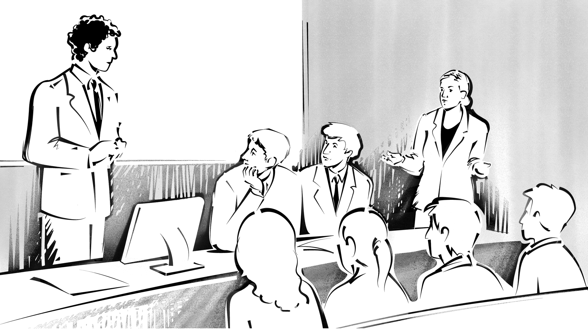 Obrazek przedstawia cztery osoby: trzech mężczyzn i jedną kobietę. Wszyscy znajdują się za ławą, na której stoją komputery oraz leżą dokumenty. Mężczyźni ubrani są w garnitury z krawatami, kobieta ma na sobie garsonkę. Mężczyzna po lewej stoi, za nim jest ekran z wyświetloną prezentacją. Dwaj mężczyźni siedzą po prawej. Obok nich stoi kobieta z rozpostartymi rękami, zwraca się do stojącego mężczyzny. Przed tymi czterema osobami siedzi publiczność.