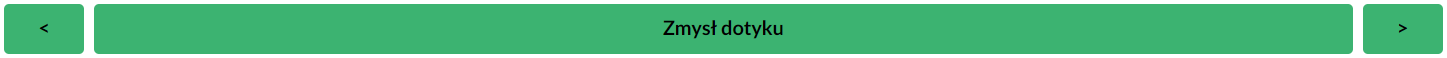 Grafika przedstawia umieszczony na górze atlasu interaktywnego pasek nawigacyjny. Składa się z umieszczonego na środku tytułu aktualnie wybranego katalogu: Zmysł dotyku. Po bokach znajdują się przyciski ze strzałkami. Z prawej strony umieszczono strzałkę ze zwrotem skierowanym w prawo, natomiast z lewej strony strzałkę ze zwrotem skierowanym w lewo. Przyciski te służą do przełączania się pomiędzy kolejnymi katalogami zawartymi w atlasie interaktywnym. 