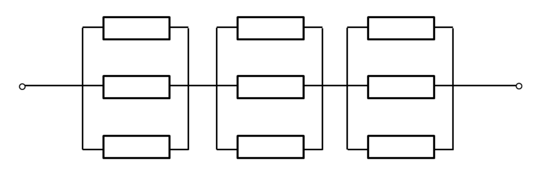 Rysunek poglądowy przedstawia schemat dziewięciu jednakowych oporników połączonych ze sobą w trzy grupy. W obrębie grupy połączone sa równolegle. Trzy grupy oporników połączone są szeregowo. 