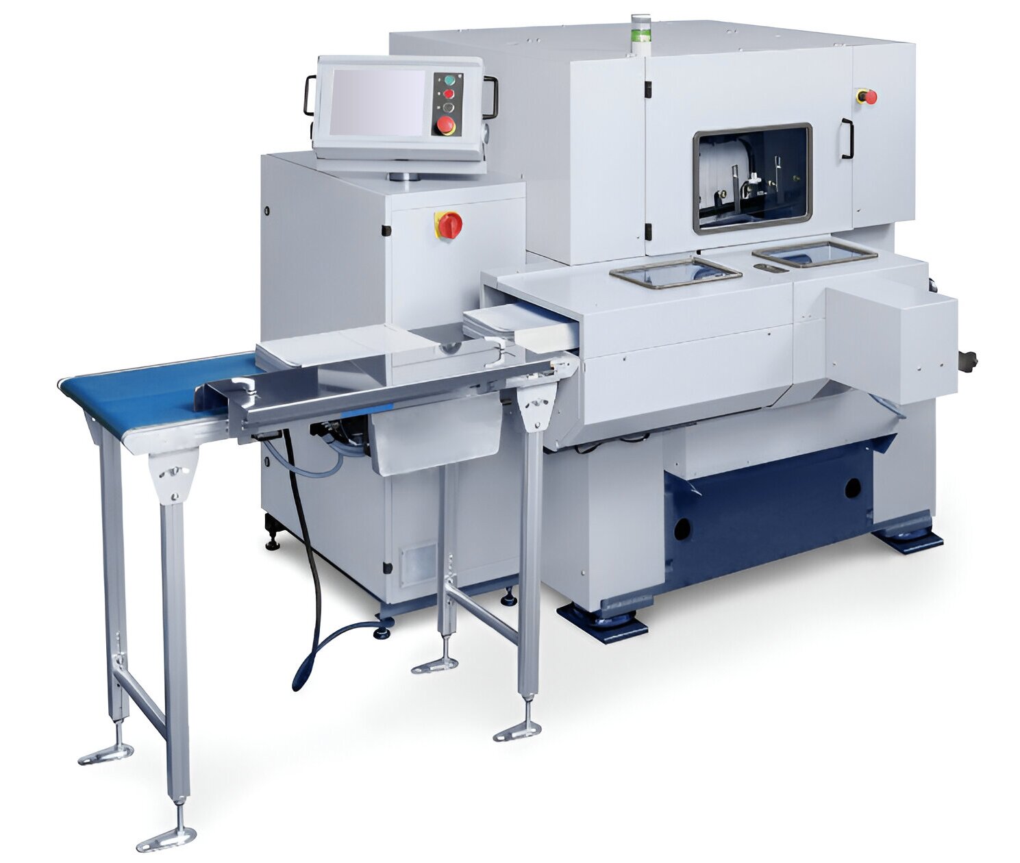 Grafika przedstawia krajarkę trójnożową. Posiada ona stolik, na którym odbywa się krojenie z trzech stron.