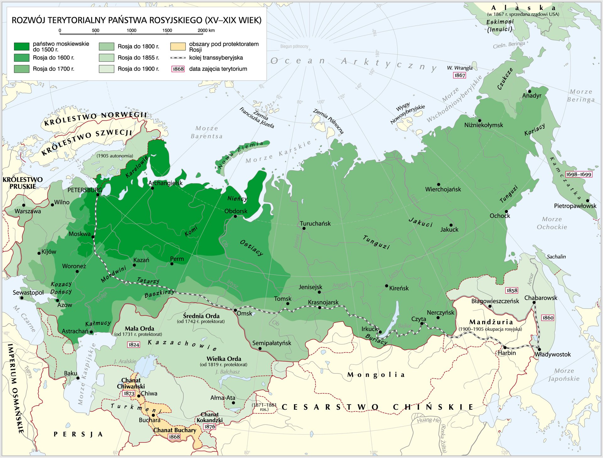 Grafika mapy przedstawiającej rozwój terytorialny państwa rosyjskiego w XV-XIX wieku.