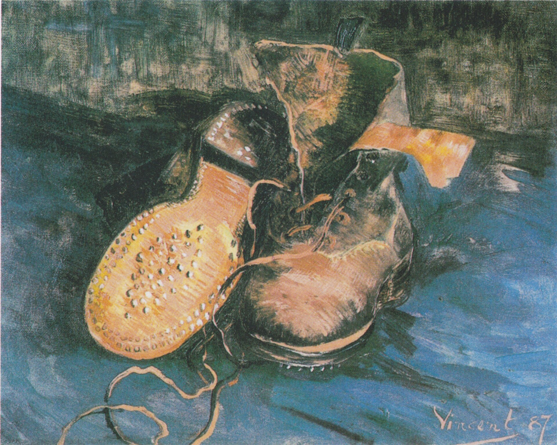 Obraz przedstawia parę starych, bardzo zniszczonych, rozczłapanych butów męskich. Są to trzewiki, sięgające za kostkę. Podeszwy się rozklejają, język jest poszarpany, są niedbale rozsznurowane. Jeden but stoi na podeszwie, drugi leży odwrócony podeszwą do góry. Na podeszwie widać gwoździe, którymi była mocowana do buta. Buty znajdują się pośrodku kadru ich skóra jest matowa i brudna.  Tło, przedstawiające krawędź między podłogą a ścianą, jest ciemne, malowane szerokimi pociągnięciami pędzla i miejscami rozświetlone ciepłymi brązami i niebieskim. Buty namalowane zostały za pomocą dużej ilości pozornie niedbale nakładanej farby, co jeszcze wzmacnia emocjonalność tego płótna.