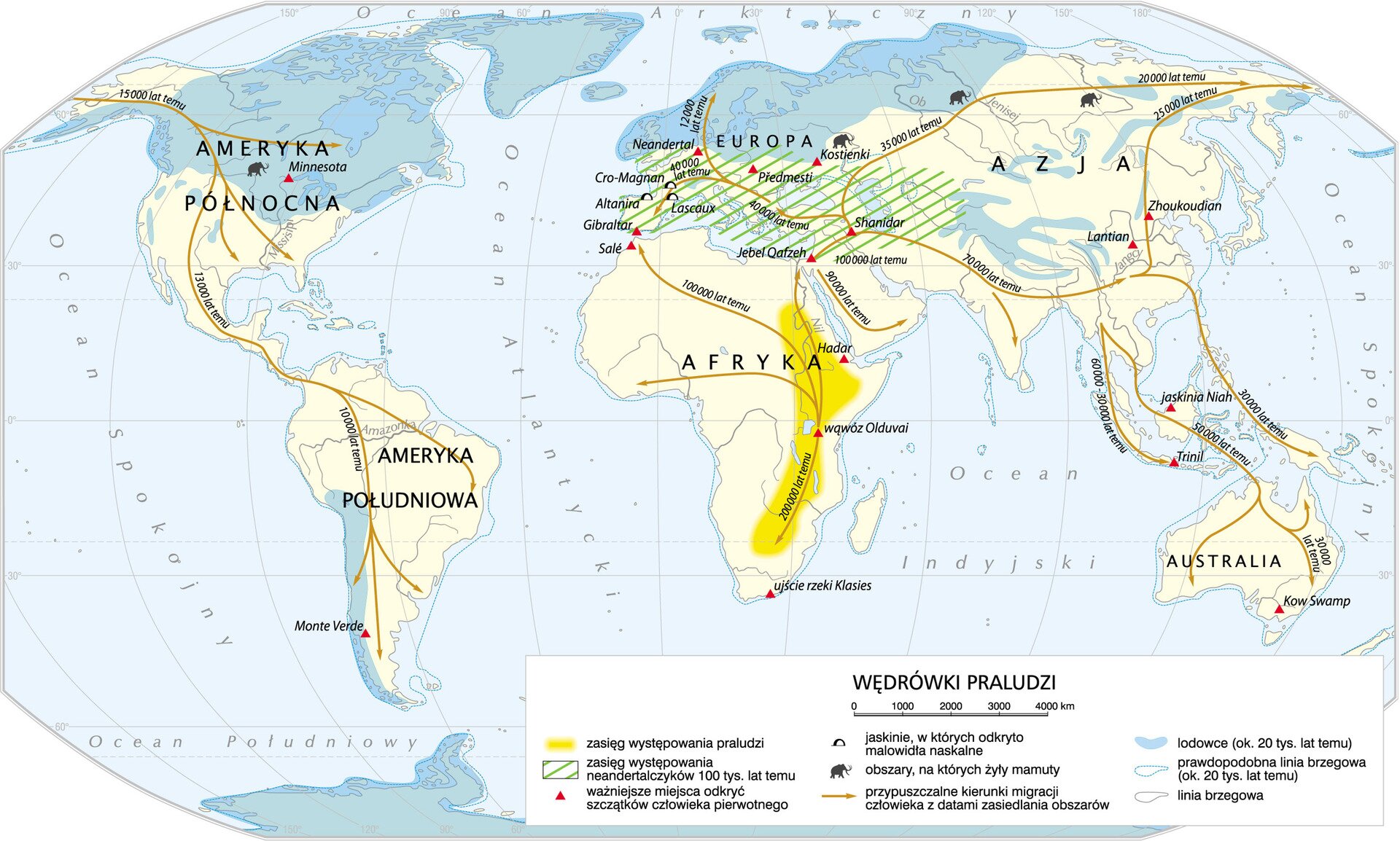 Grafika mapy przedstawiającej wędrówki praludzi.