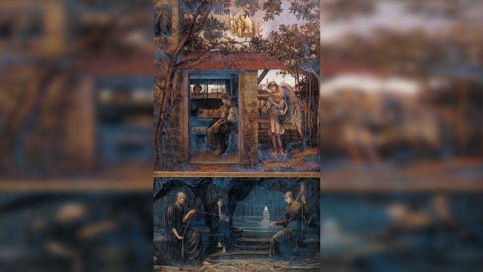 Ilustracja przedstawia obraz składający się z dwóch płaszczyzn. Na dolnej części głównymi bohaterkami są trzy starsze kobiety odziane w ciemne szaty, siedzące w ciemnej grocie. Mają siwe włosy, spięte w koki i blade twarze. Dwie z nich siedzą naprzeciw siebie i przędą nić. Trzecia z nich siedzi pomiędzy nimi. Lewą ręką podpiera głowę. Lewą nogę ma założoną na prawą. Kobiety są skupione na przędzeniu nici. Sceneria obrazu jest ciemna, mroczna. Na drugim planie znajduje się wyjście na zewnątrz, które jest jasno rozświetlone. Górna część obrazu przestawia fragment wnętrza domu i ogród. W pomieszczeniu siedzi smutna, młoda kobieta nad otwartą trumną, za nią stoi mężczyzna, widać tylko jego głowę. Przed drzwiami domu, po prawej stronie obrazu, stoi młody anioł, grający na trąbce. Na drugim planie, ponad dachem domu, w obłokach widać złoty rydwan, do którego zaprzężony jest biały koń ze skrzydłami. Przy rydwanie bawi się pięcioro małych, nagich dzieci.