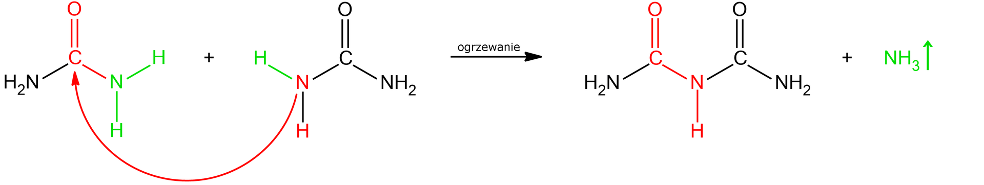 Ilustracja przedstawiająca równanie reakcji. Dwie cząsteczki mocznika zbudowanego z atomu węgla połączonego za pomocą wiązania podwójnego z atomem tlenu oraz za pomocą wiązań pojedynczych z dwiema grupami NH2. Pod wpływem ogrzewania dają one cząsteczkę biuretu zbudowaną z grupy NH2 połączonej z atomem węgla, który to łączy się za pomocą wiązania podwójnego z atomem tlenu oraz za pomocą wiązania pojedynczego z grupą NH, która to związana jest z drugim atomem węgla również połączonym za pomocą wiązania podwójnego z atomem tlenu oraz za pomocą wiązania pojedynczego z grupą NH2. Dodać cząsteczkę gazowego amoniaku NH3.