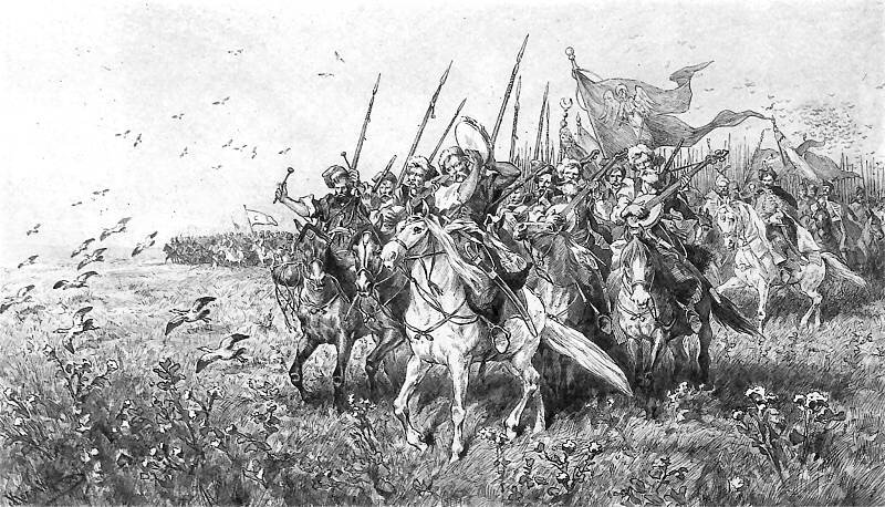 Czarno‑biały rysunek przedstawia pochód żołnierzy na koniach. Niektórzy z nich trzymają w rękach włócznie, inni instrumenty np. mandolinę, jeszcze inni flagi. Pochód ten wędruje po polu, wokół którego widzimy mnóstwo latających ptaków.