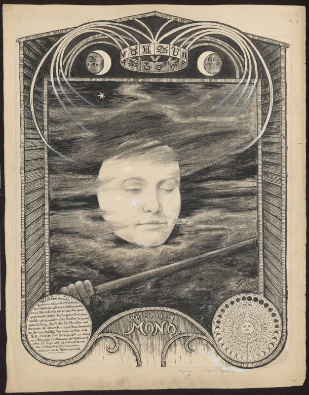 Rycina przedstawia niebo, na którym niczym księżyc widnieje twarz.