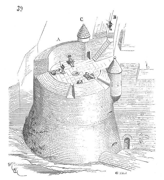 Rysunek przedstawia murowaną budowlę fortyfikacyjną w kształcie podkowy. Baszta wysunięta jest przed mur obronny, znajdują się na niej stanowiska ogniowe artylerii, które pozwalały na obronę wzdłuż fosy.