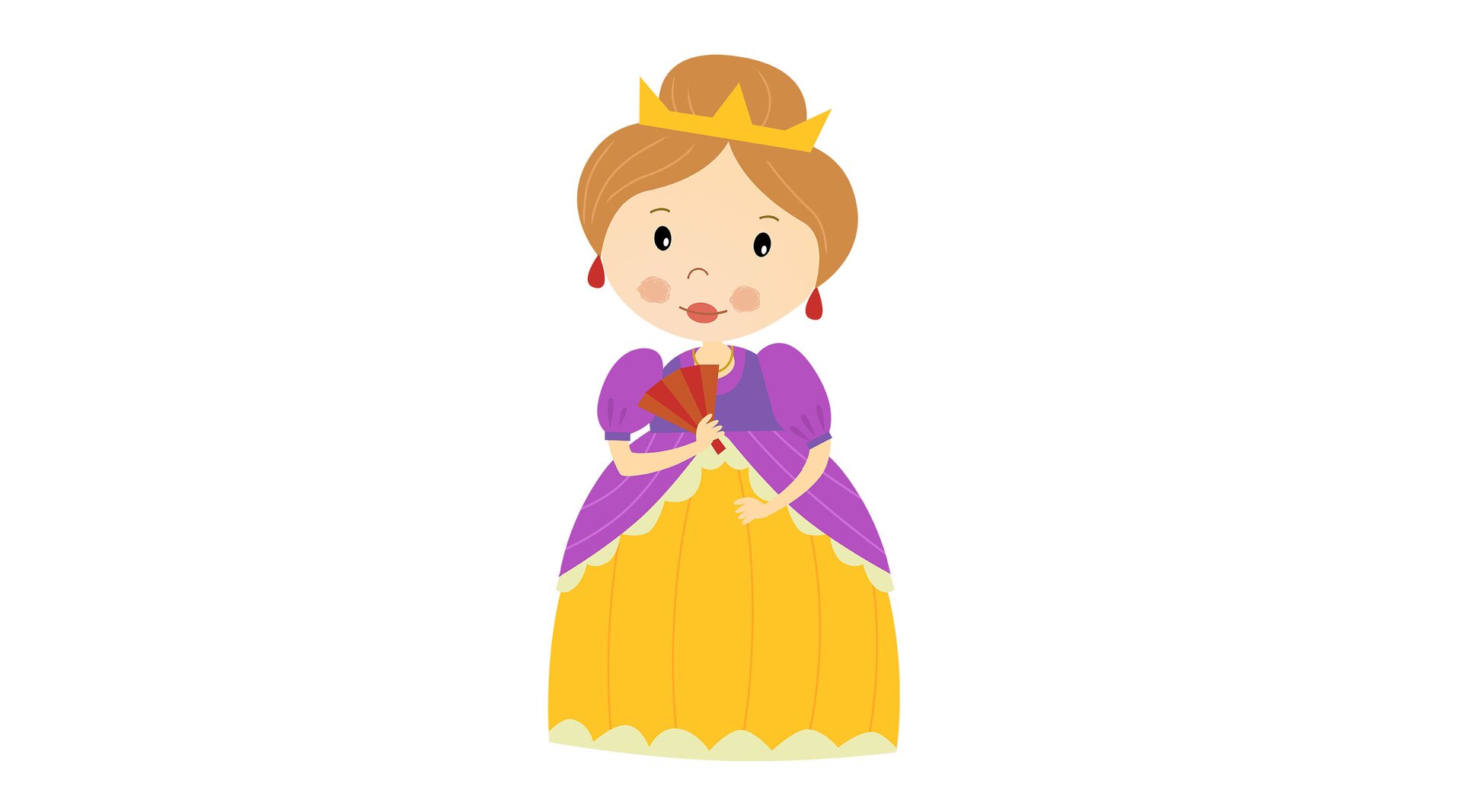 Ilustracja przedstawia królową w koronie i w eleganckiej sukni. Wachluje się wachlarzem. 