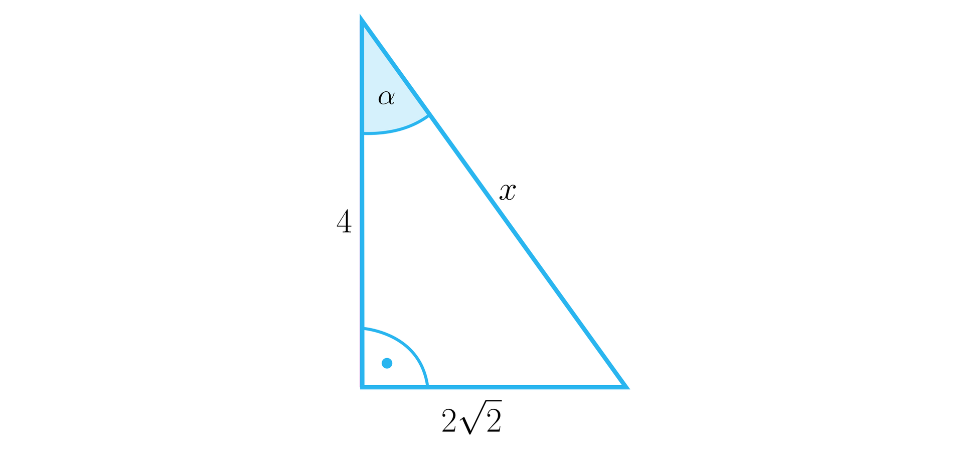 Rysunek przedstawia trójkąt prostokątny o podstawie o długości 22 i przeciwprostokątnej x. Pionowa przyprostokątna ma długość 4. W trójkącie oznaczono dwa kąty wewnętrzne. Kąt prosty między przyprostokątnymi o długościach 4 oraz 22 oraz kąt α między pionowym bokiem o długości 4 a przeciwprostokątną.