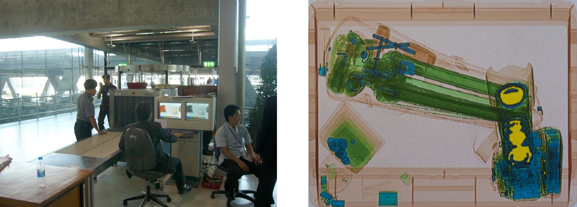 Rys. 3a. Zdjęcie przedstawia ruchomą taśmę, na której podróżni kładą swoje bagaże. Pracownik ogląda na ekranie komputera widok bagaży prześwietlonych promieniowaniem rentgenowskim. Rys. 3b. Na obrazie zawartości plecaka w promieniach rentgenowskich wyraźnie widoczny jest metalowy stelaż plecaka oraz metalowe przedmioty wewnątrz. Reszta plecaka widoczna jest jako delikatna mgiełka.