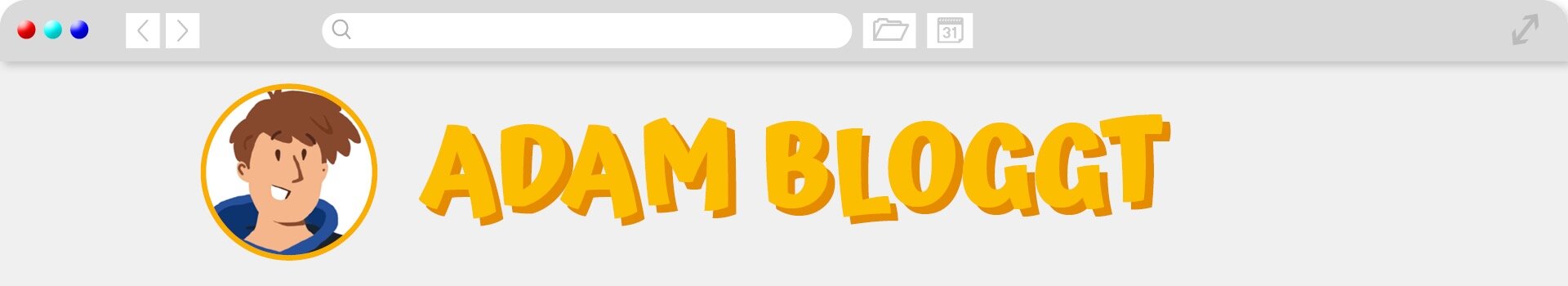 Ilustracja przedstawia nagłówek internetowego bloga. W kółku znajduje się rysunek twarzy młodego mężczyzny. Obok napis: Adam bloggt. U góry widoczny jest pasek narzędzi. 